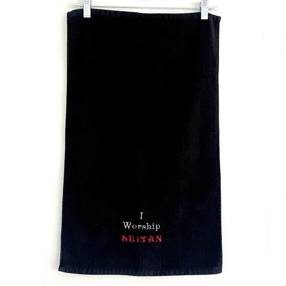 Vegan I worship seitan black embroidered kitchen towel